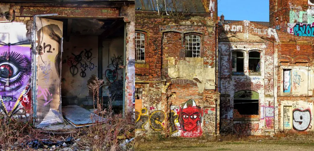 verlassene Orte mit Graffitizeichnungen an der Wand und zerbrochenen Fensterscheiben