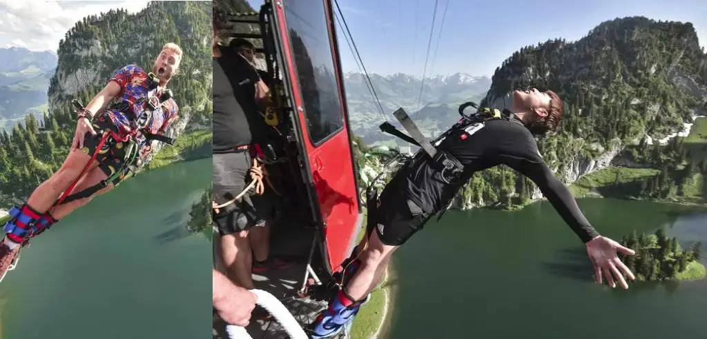 Spektakulärer Bungee Jump aus der Berggondel